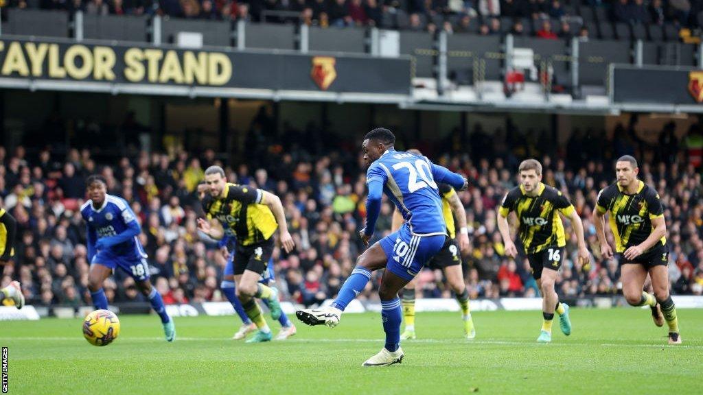 Patso Daka scores from the penalty spot for Leicester against Watford