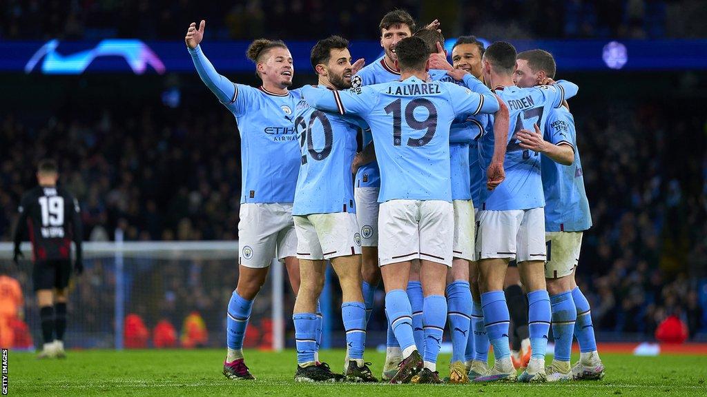 Manchester City's players celebrate a during their side's 7-0 win over RB Leipzig in the Champions League