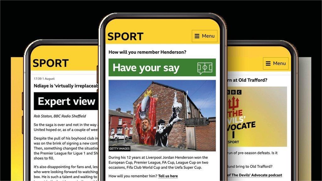 A three-way image of mobile phones displaying screenshots from the BBC's Premier League club pages