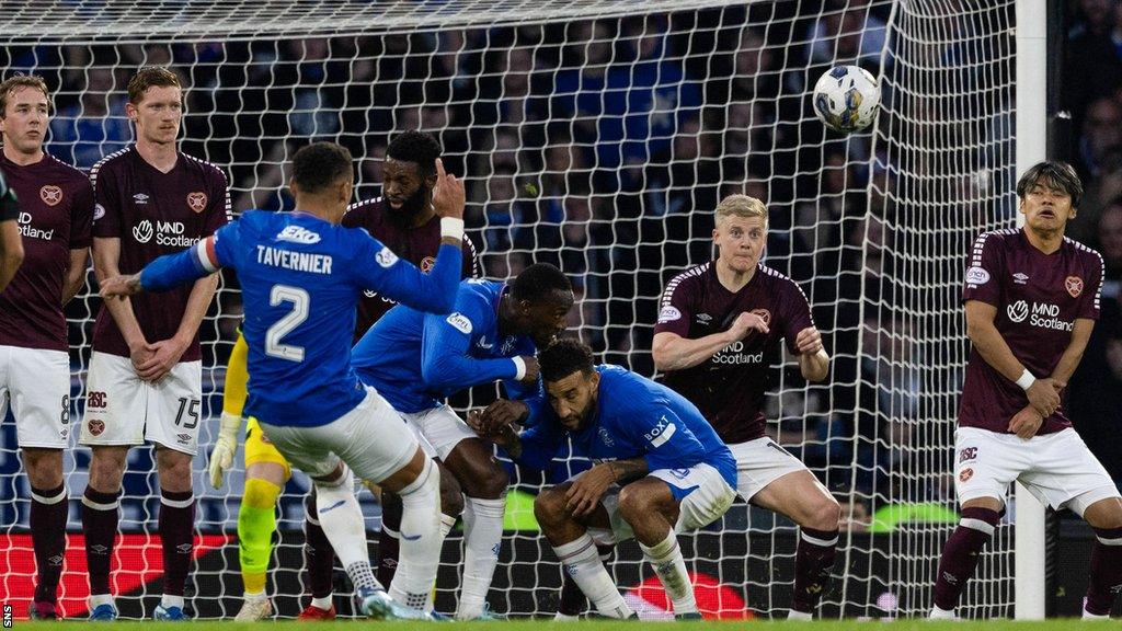 James Tavernier scores a free-kick for Rangers against Hearts