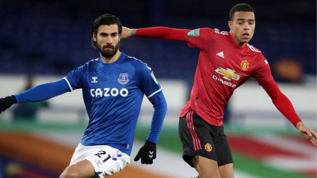 Man Utd's Mason Greenwood and Everton's Andre Gomes