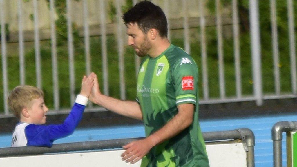 Ross Allen celebrates his second goal of the season for Guernsey FC on Saturday