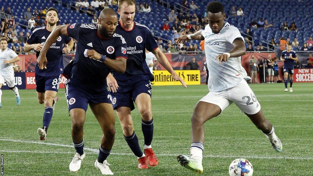 Chicago Fire striker Jhon Duran shoots