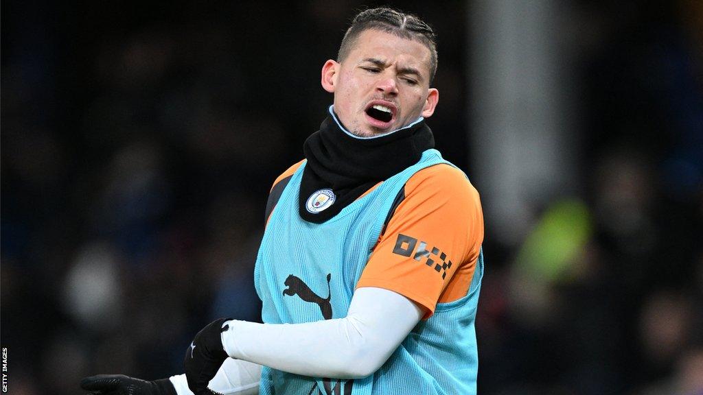 Kalvin Phillips reacts during a warm-up for Manchester City