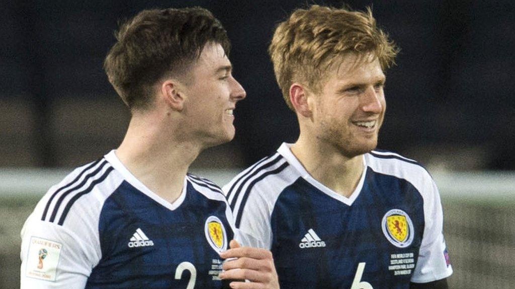 Celtic's Kieran Tierney and Stuart Armstrong in Scotland colours