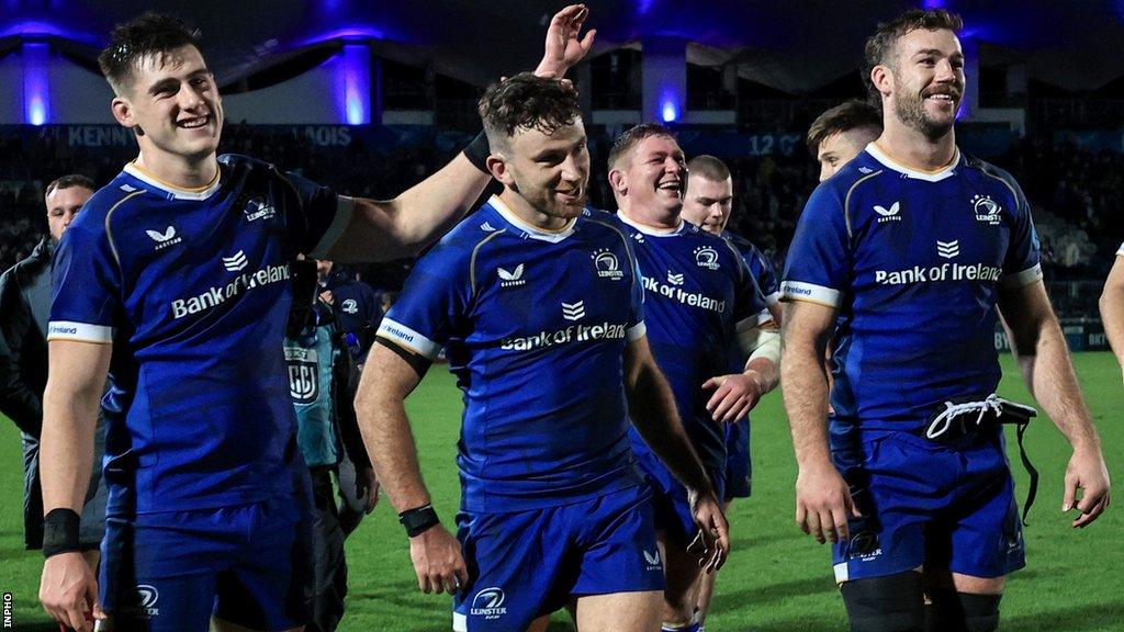 Dan Sheehan, Hugo Keenan, Tadhg Furlong and Caelan Doris look happy after Leinster's thumping win over Scarlets