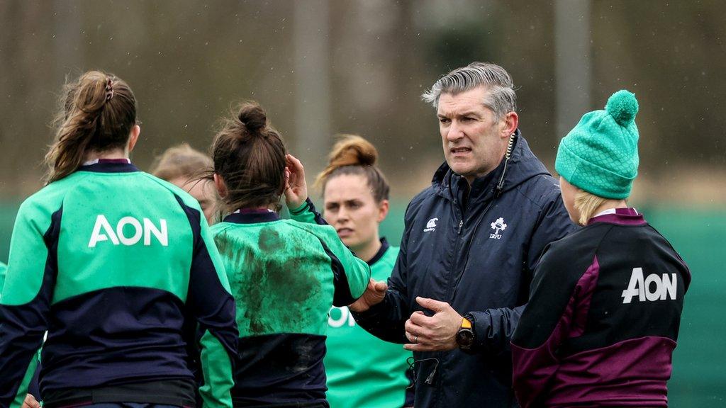 Ireland head coach Greg McWilliams talks to players at training