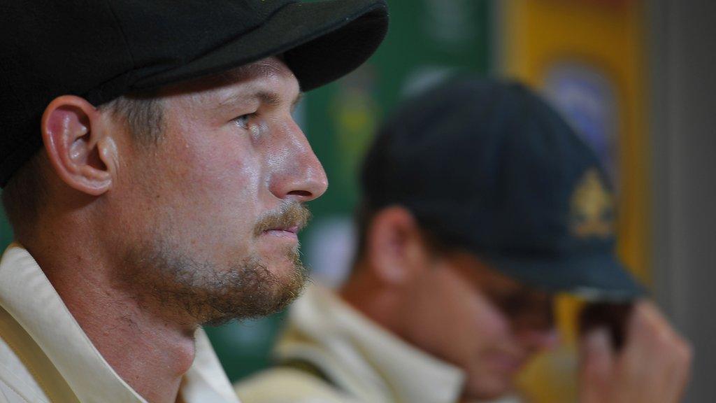 Australia's Cameron Bancroft and Steve Smith face the media