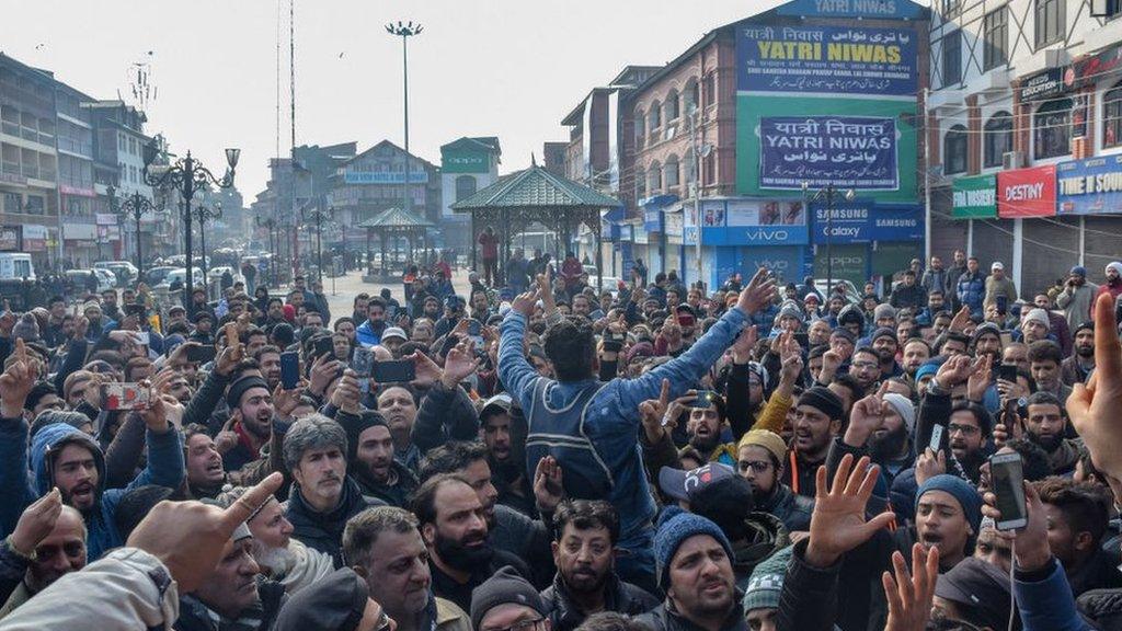 Kashmiri traders are seen shouting slogans during the protest. Traders in Lal Chowk and adjoining markets closed their shops as a mark of protest against attacks on Kashmiris elsewhere in India.