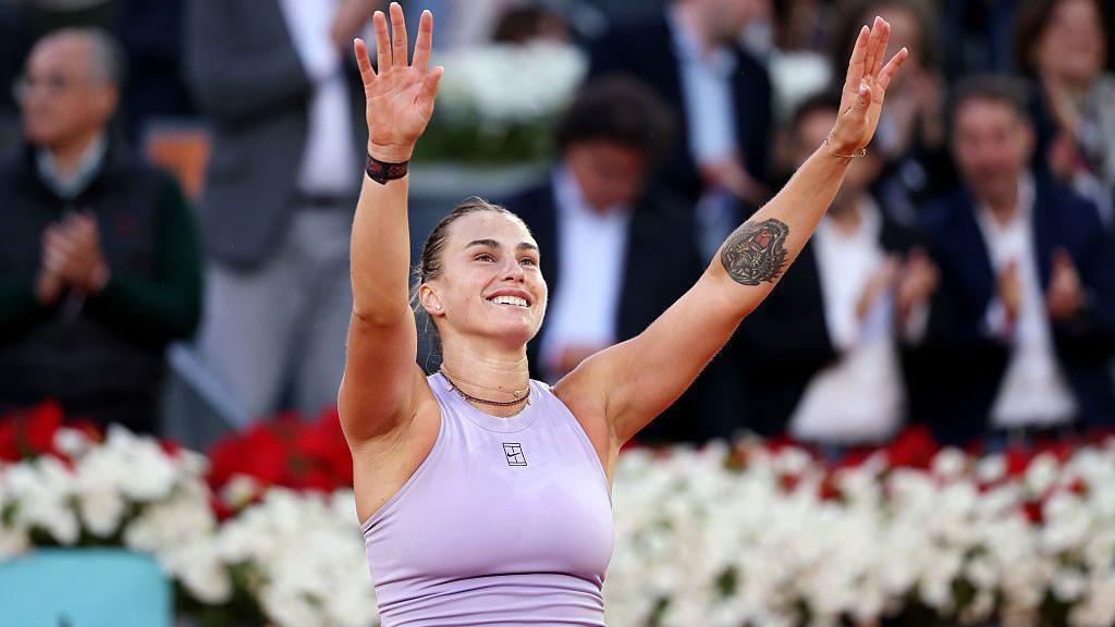 Aryna Sabalenka celebrates winning the Madrid Open