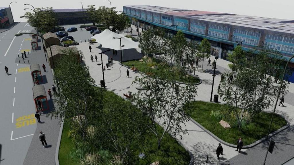 An artist's impression of the refurbished Shipley Market. There is a central white canopy and a car park with patches of grass and trees.