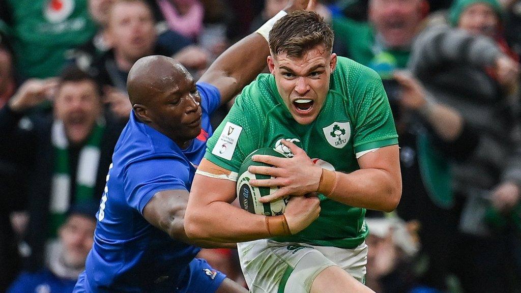 Garry Ringrose scores a try in Ireland's 2023 Six Nations win over France