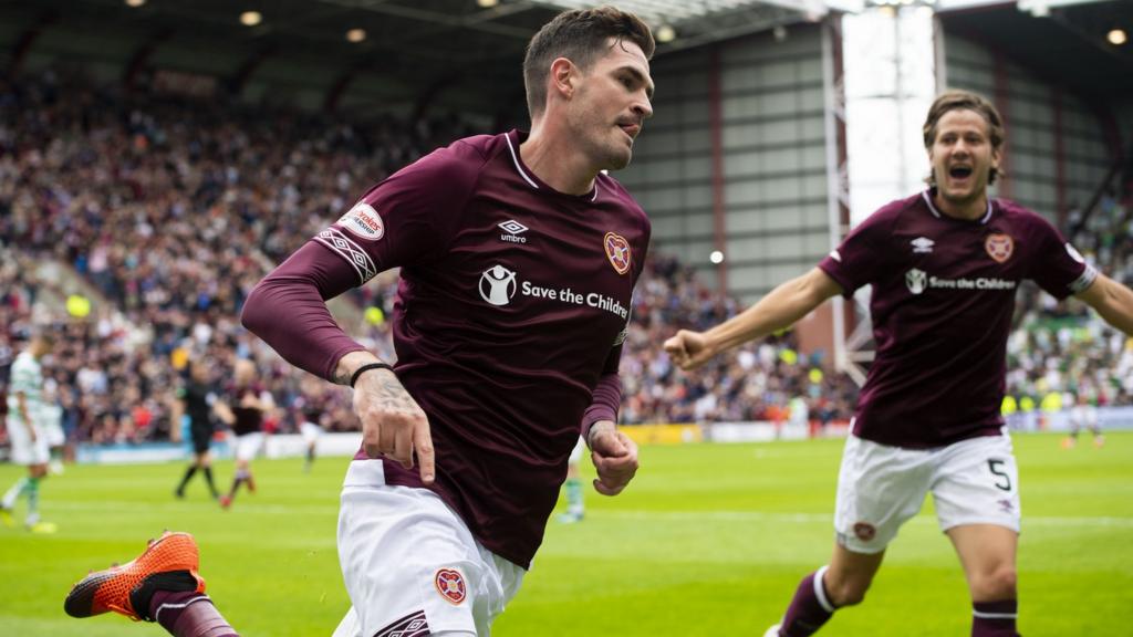 Kyle Lafferty celebrates after scoring for Hearts against Celtic