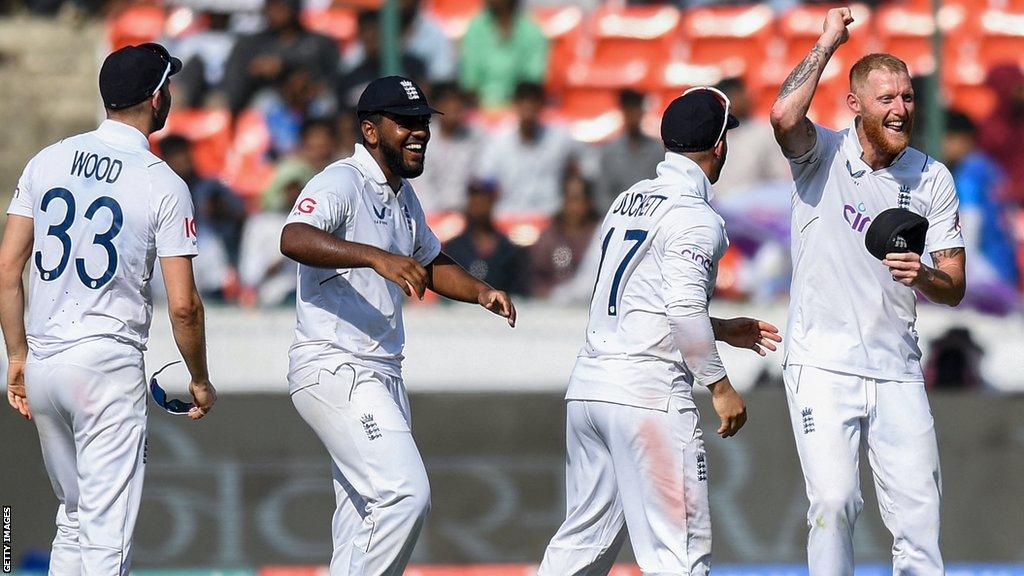 Ben Stokes celebrates running out Ravindra Jadeja