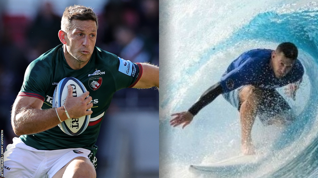 Jimmy Gopperth in action for Leicester Tigers and also surfing