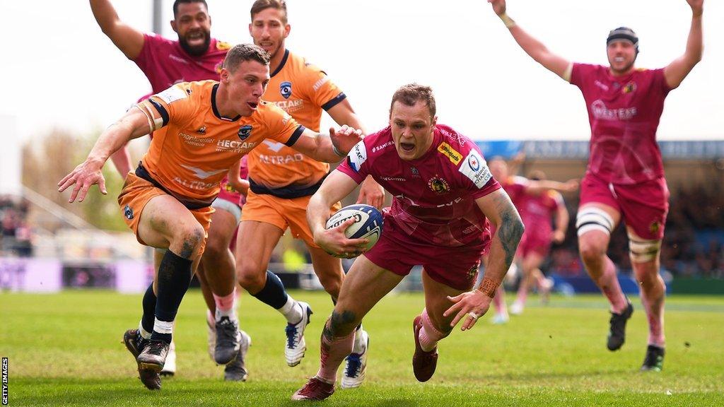 Tom Wyatt scores Exeter's third try against Montpellier