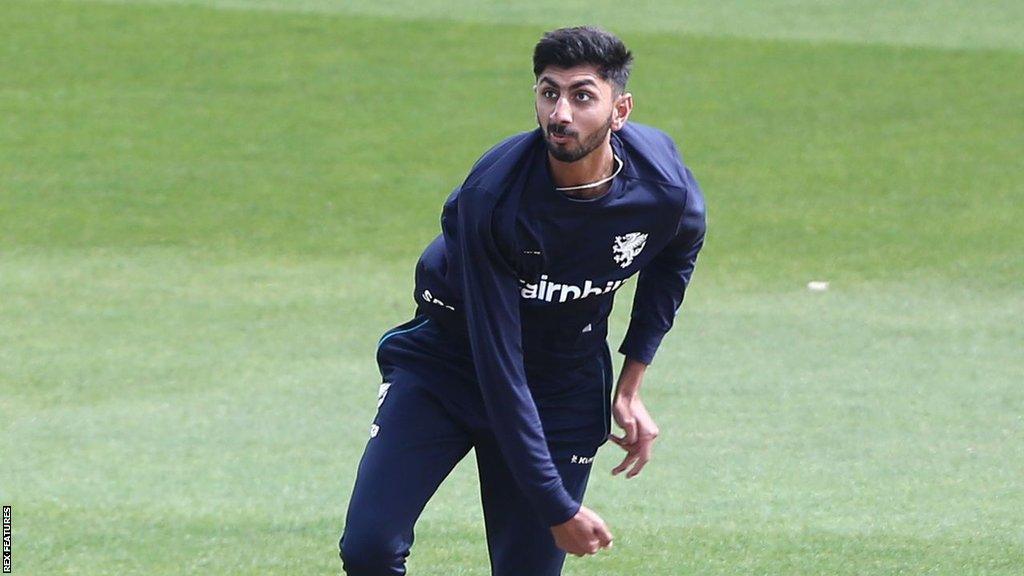 Shoaib Bashir bowling during practice for Somerset