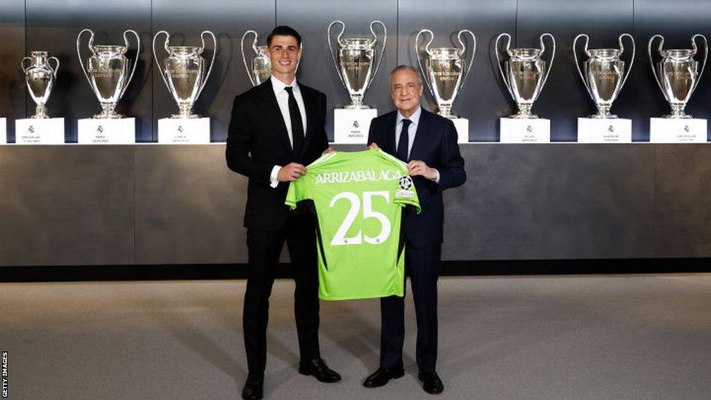 Kepa Arrizabalaga holds up a Real Madrid shirt alongside Florentino Perez