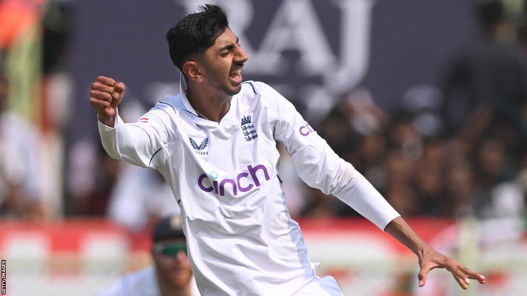 England spinner Shoaib Bashir jumps in celebration after taking his first Test wicket