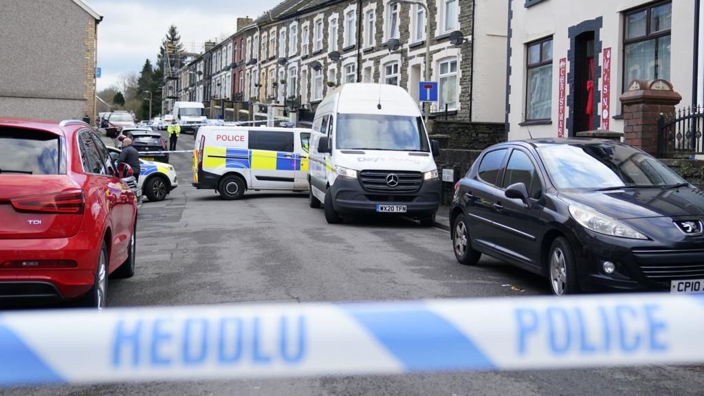 Police at the scene of the stabbing on Moy Road, Aberfan, Merthyr Tydfil