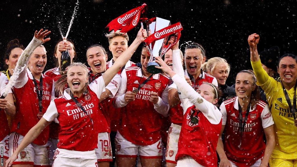 Leah Williamson (left) holding up the League Cup