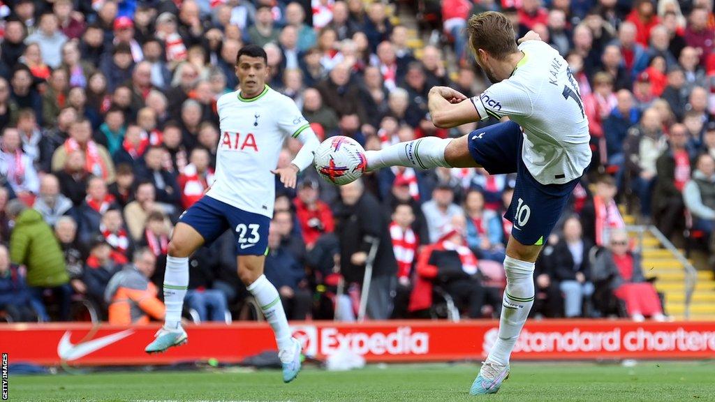 Tottenham's Harry Kane scores against Liverpool in the Premier League