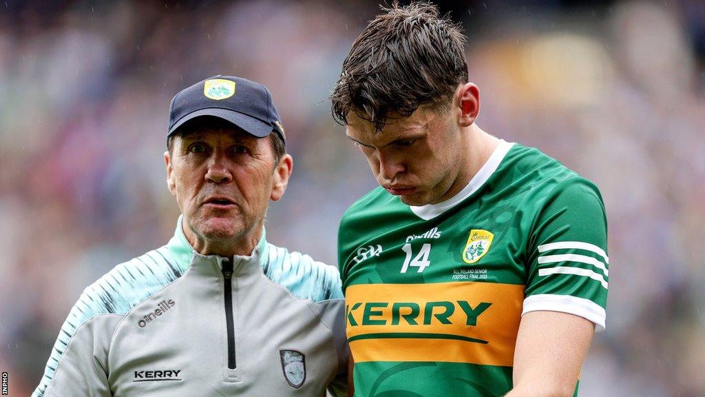 Jack O'Connor consoles star player David Clifford after Kerry's All-Ireland Final defeat by Dublin in July