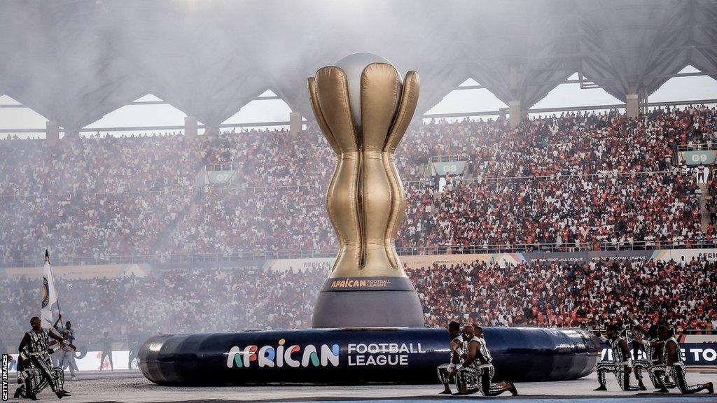 Dancers perform during the opening ceremony and inaugural game of the African Football League between Simba of Tanzania and Al Ahly of Egypt at the Benjamin Mkapa Stadium in Dar es Salaam