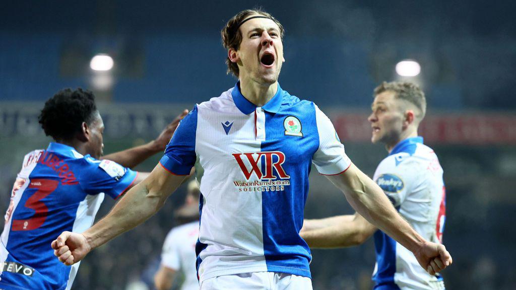 Callum Brittain of Blackburn Rovers celebrates scoring his team's second goal during the Championship match between Blackburn Rovers FC and Portsmouth at Ewood Park