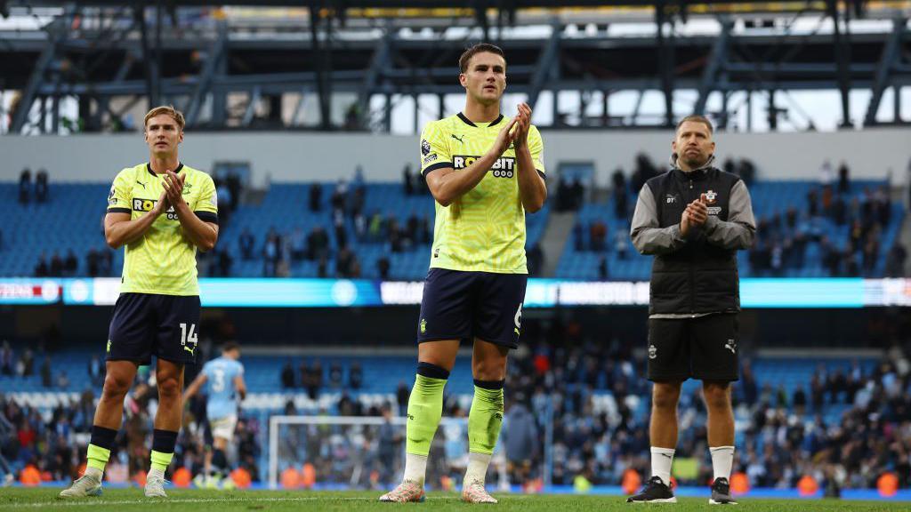 Taylor Harwood-Bellis of Southampton during the Premier League match between Manchester City FC and Southampton FC at Etihad Stadium on October 26, 2024 