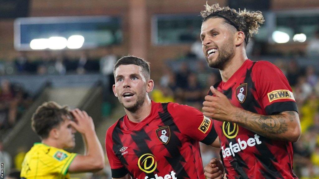 Emiliano Marcondes celebrates after scoring for Bournemouth