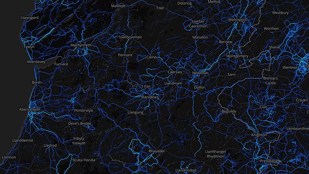 Powys - running routes (by Strava users 2015)