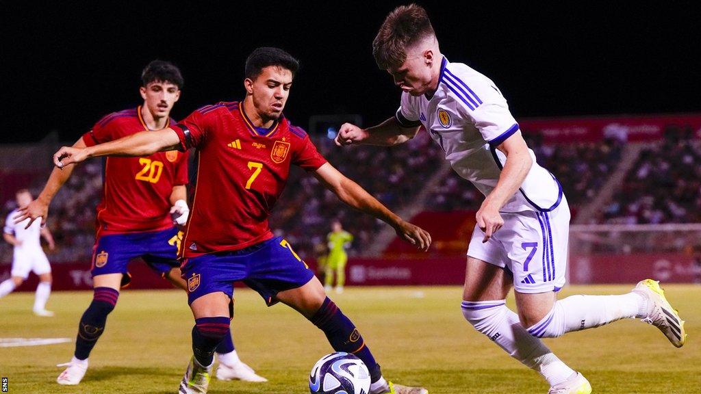 Ben Doak playing for Scotland Under-21s against Spain Under-21s