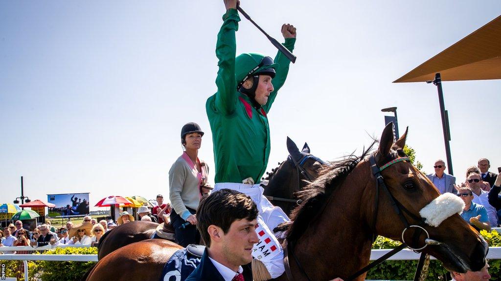 Chris Hayes celebrates winning the Irish 1,000 Guineas on board Tahiyra on Sunday