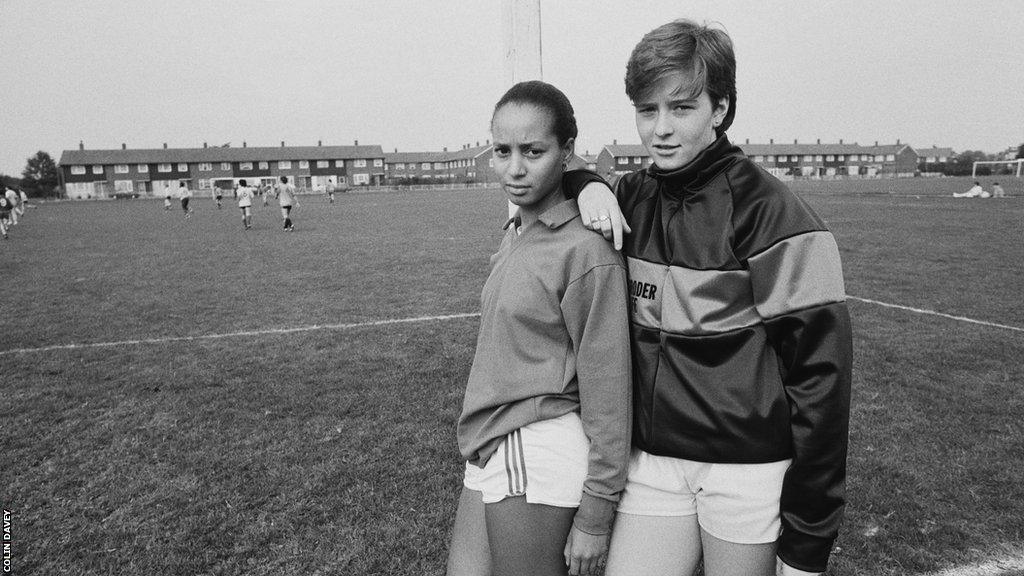 Hope Powell (left), pictured in 1984 with Millwall Lionesses team-mate Jane Bartley