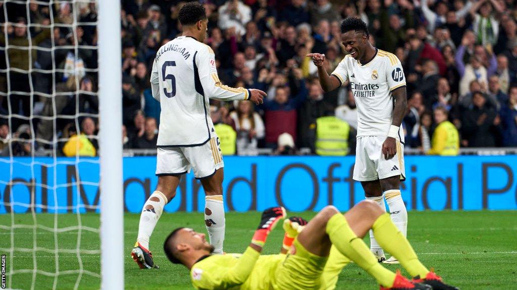 Jude Bellingham and Vinicius Jr celebrate Real Madrid's third goal at home to Girona