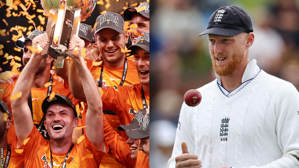 A composite image of Perth Scorchers celebrating their Big Bash win and Ben Stokes playing Test cricket for England