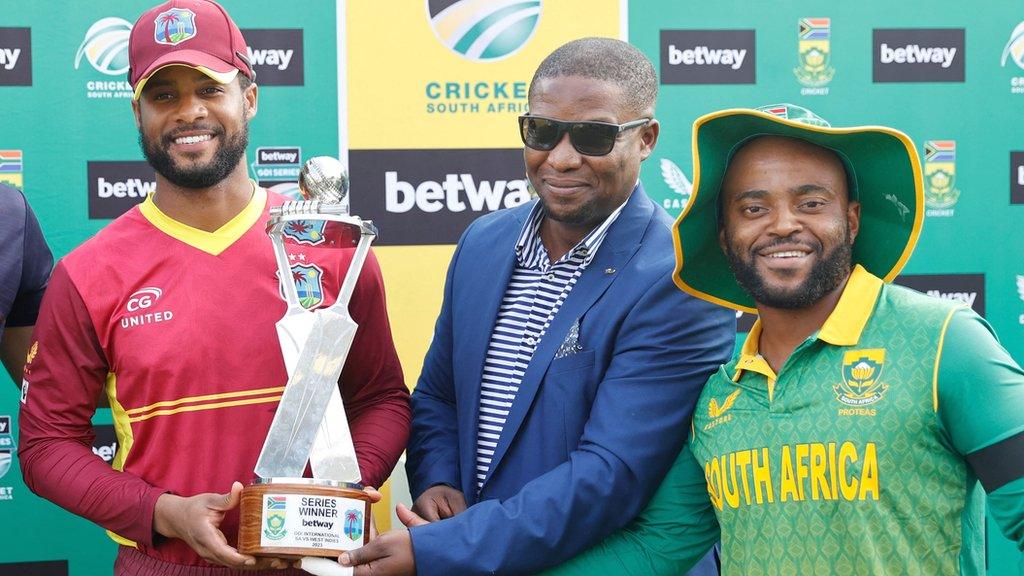 Captains Shai Hope and Temba Bavuma with the ODI series trophy