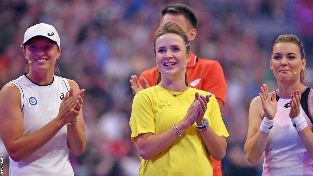 Iga Swiatek, Elina Svitolina, Agnieszka Radwanska during Iga Swiatek and Friends for Ukraine charity match on July 23, 2022 in Krakow, Poland.