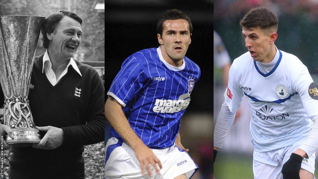 Split image of Bobby Robson with the Uefa Cup trophy in 1981, Tommy Miller as an Ipswich player and Buxton's Tommy Elliott