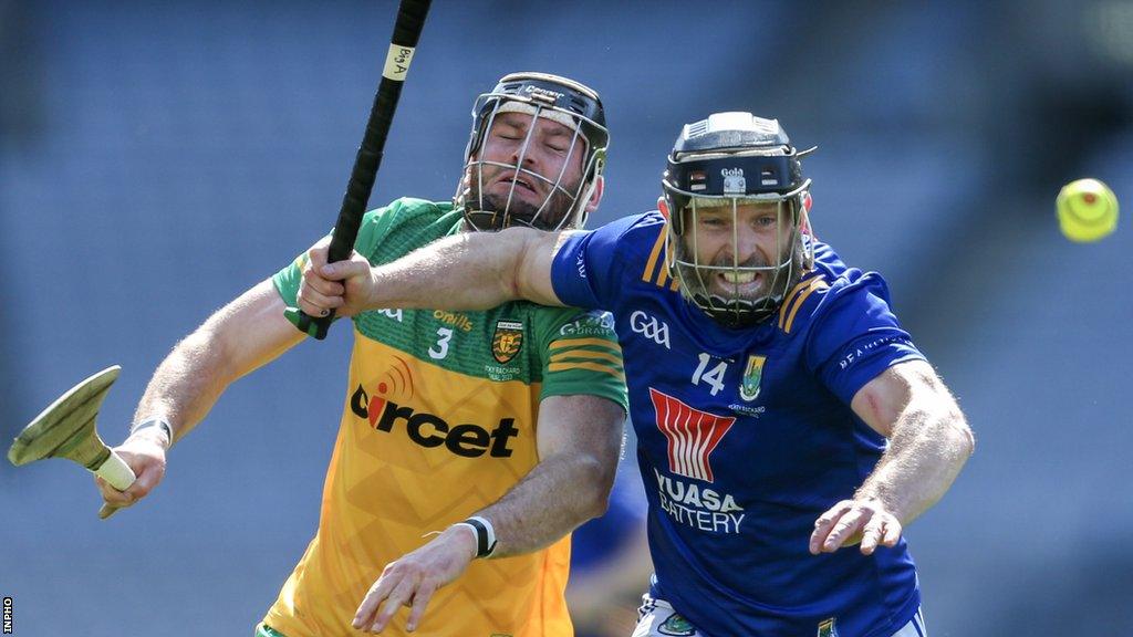 Wicklow’s Andy O’Brien in action against Donegal’s Michael Donoghue in the Nickey Rackard Cup final at Croke Park