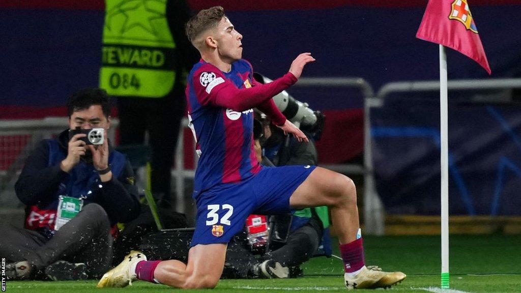 Fermin Lopez celebrates scoring for Barcelona against Napoli