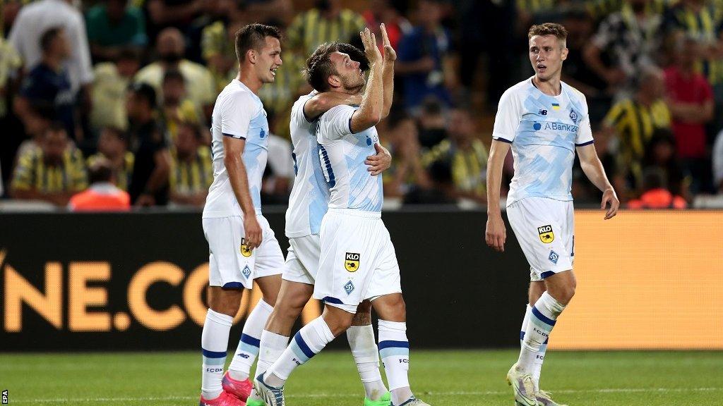 Dynamo Kyiv's Oleksandr Karavayev celebrates scoring against Fenerbahce in Istanbul in July 2022