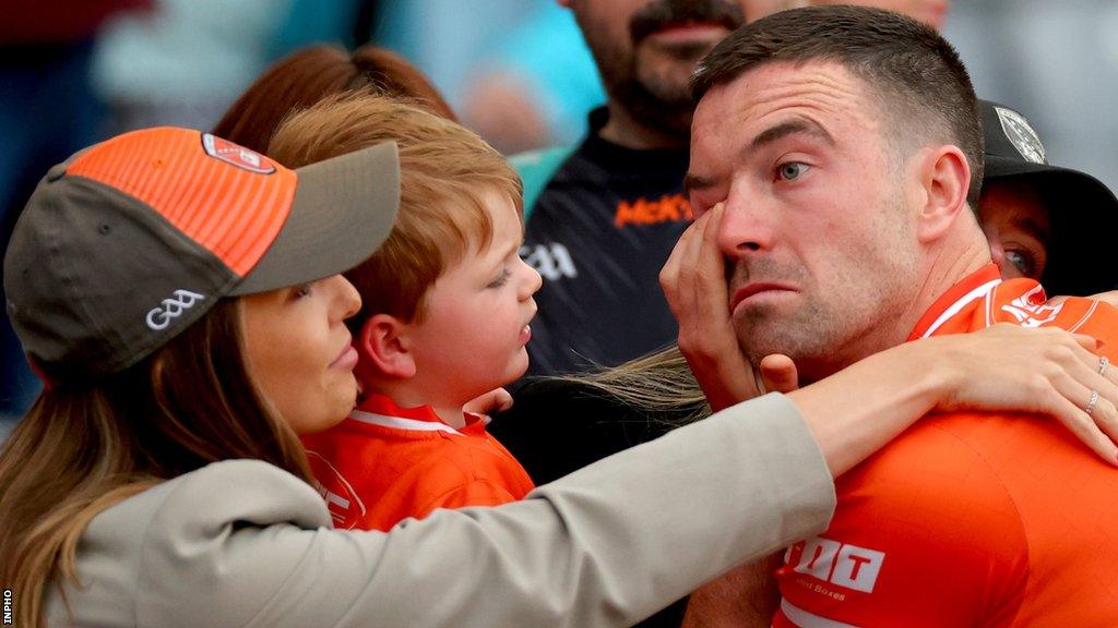 Aidan Forker is consoled after last year's All-Ireland quarter-final penalty shootout defeat by Monaghan