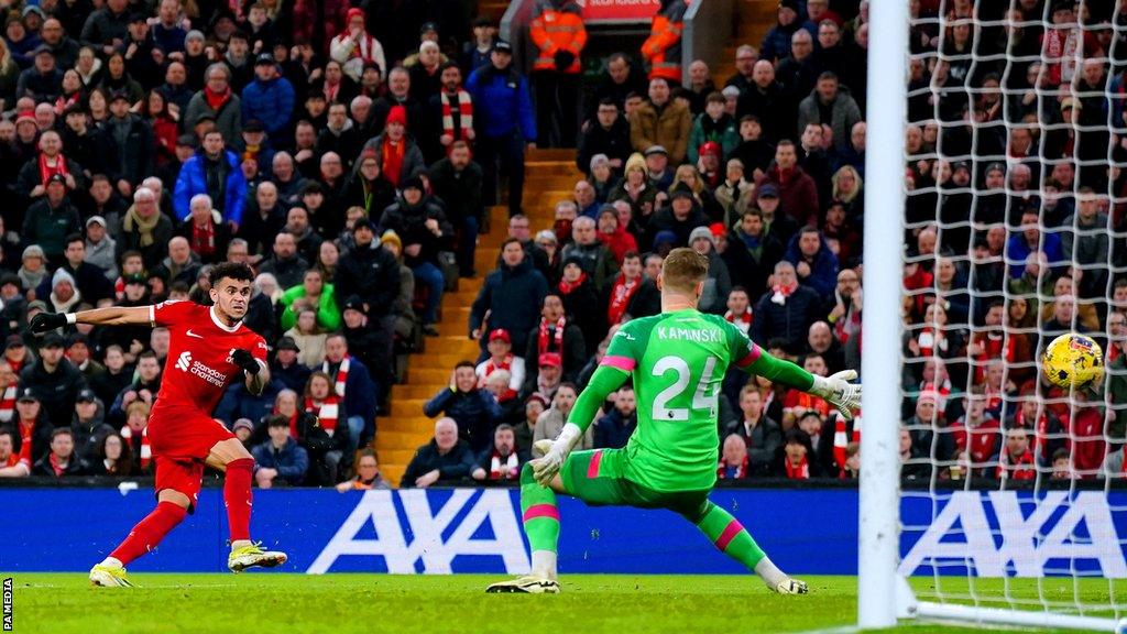 Luis Diaz scores past Luton goalkeeper Thomas Kaminski