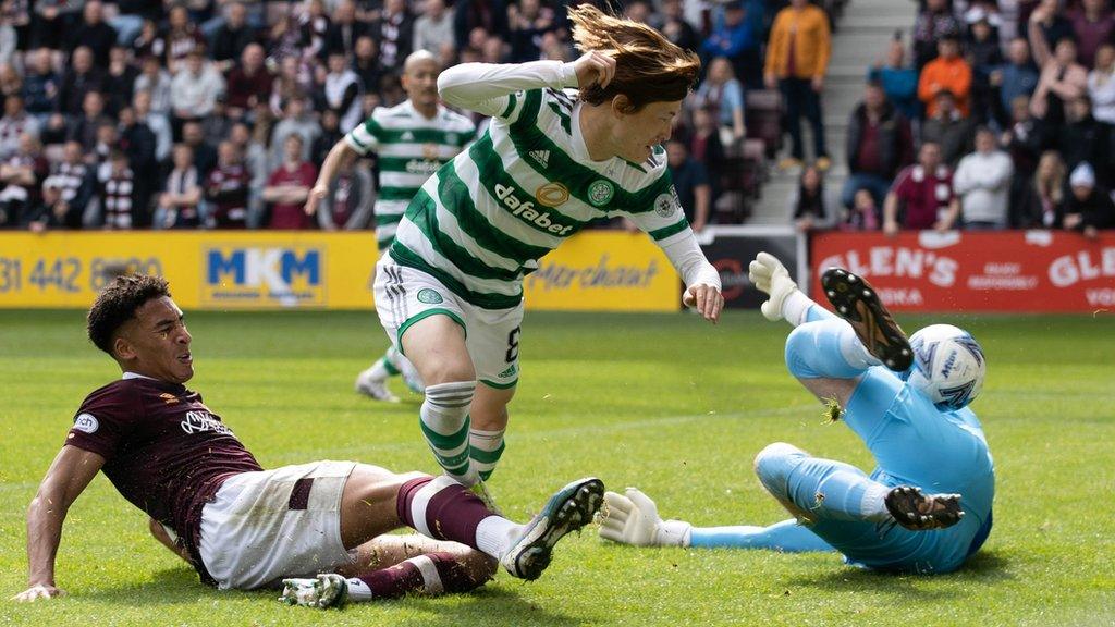 Kyogo scored the opener as Celtic clinched the Premiership title last season with a 2-0 win at Tynecastle in May