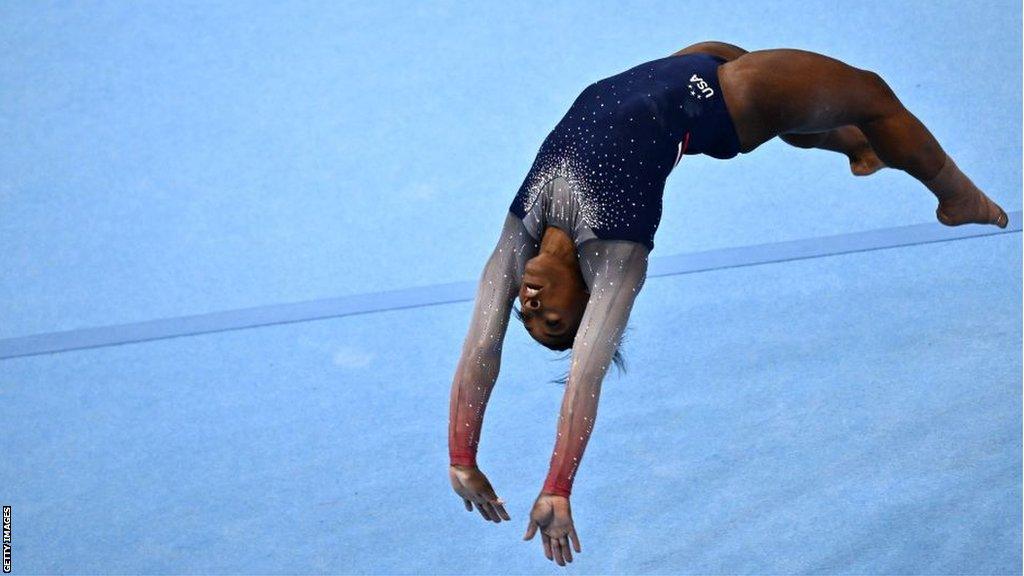 Simone Biles performs in the floor event for United States in the World Gymnastics Championships