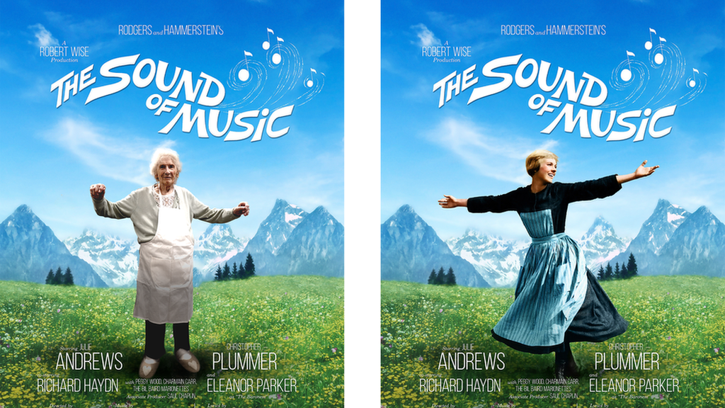 Jean in a side by side poster in the same pose as Julie Andrews in The Sound of Music.