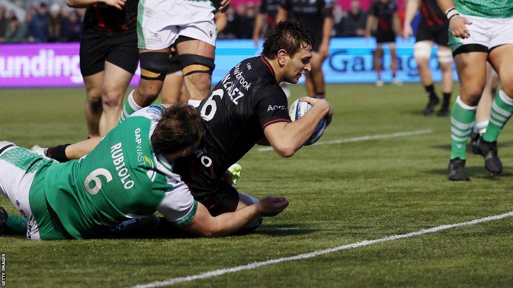 Juan Martin Gonzalez scores a try for Saracens