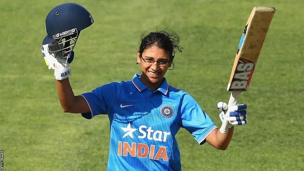 Smriti Mandhana celebrates hitting her her maiden ODI ton during India's tour of Australia in 2015-16